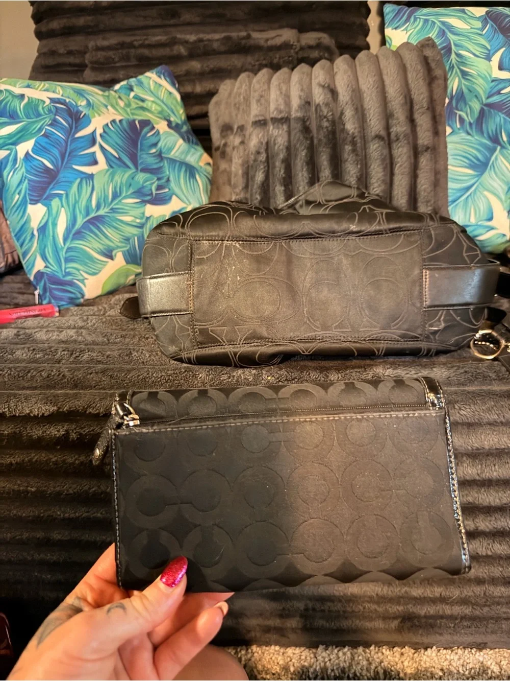 Coach Black Signature Shoulder Bag with Matching Black Wallet